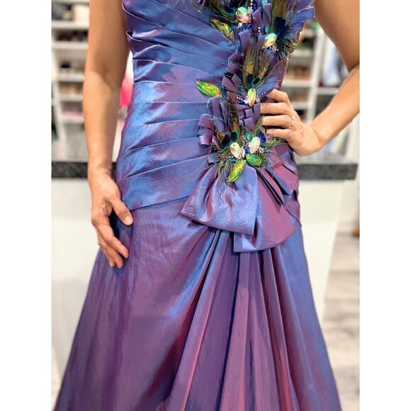 Precious Formals Purple Peacock Taffeta Y2K Formal Gown $420 - Picture 4 of 12